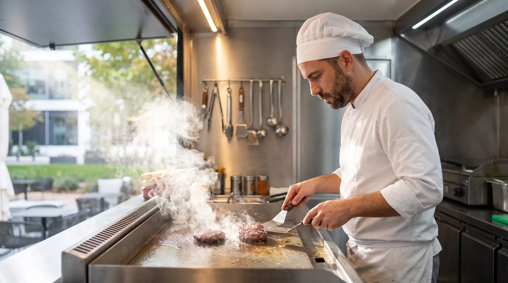 Cocinero haciendo hamburguesas en la plancha del food truck