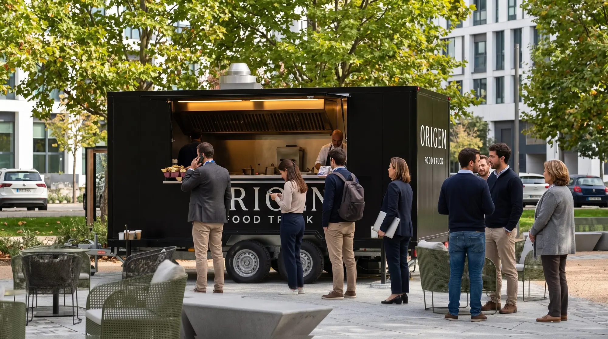 Compañeros de trabajo pidiendo en el food truck