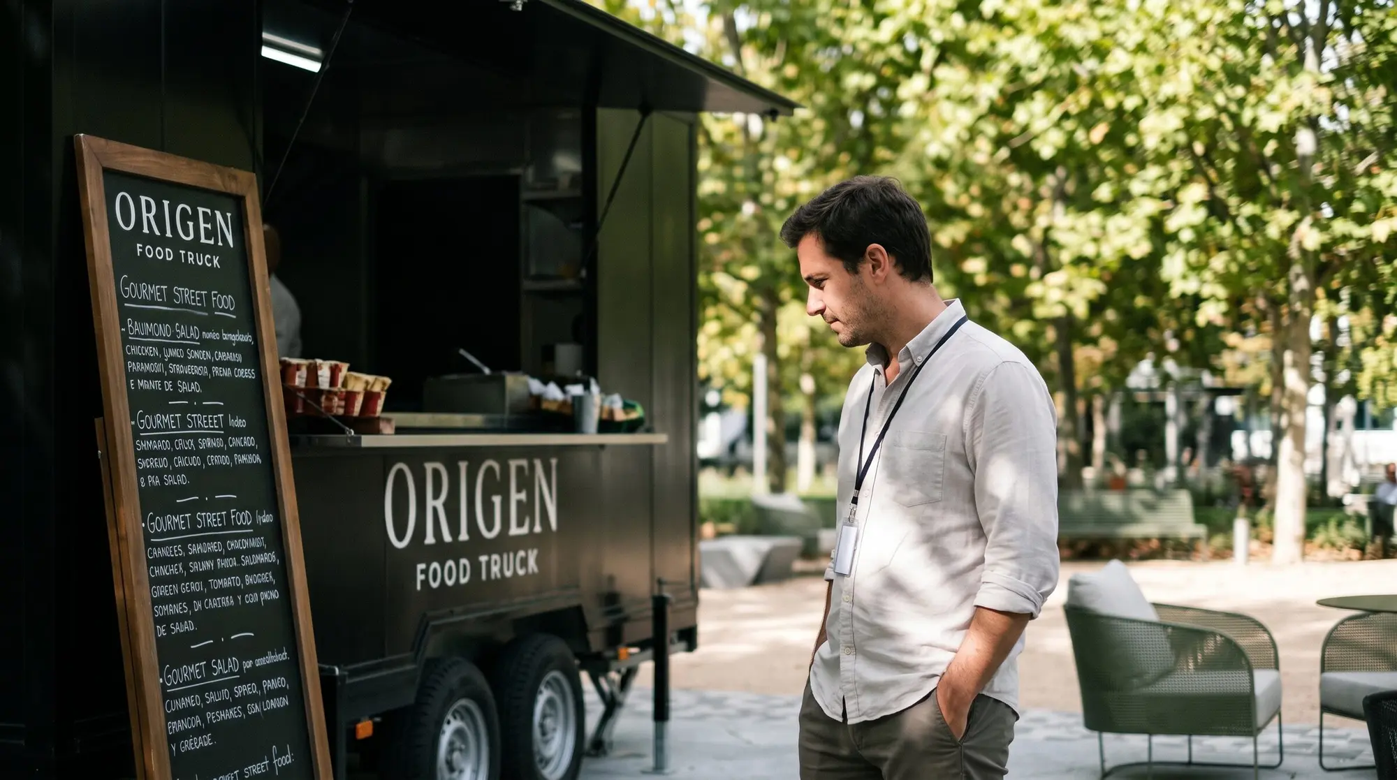 Pizarra con el menú junto al food truck